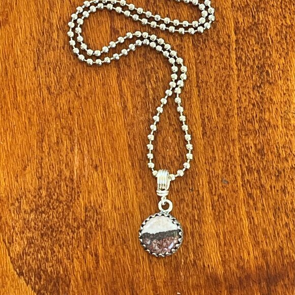 Minimalist Picture Jasper Pendant Necklace | Silver Tone Crown Bezel - Picture 5 of 7